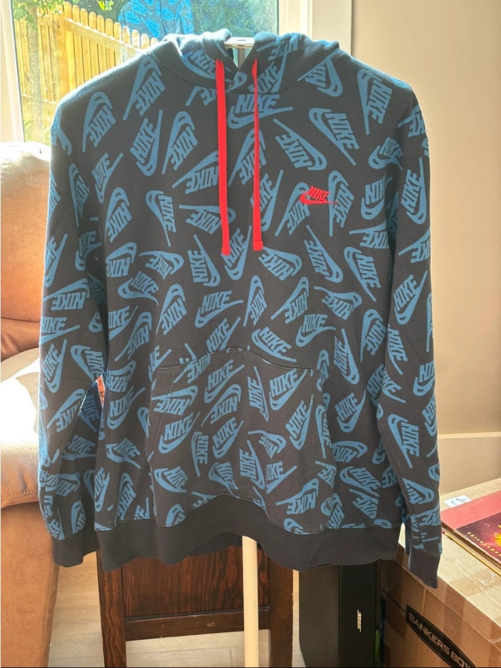 Nike Men’s Black Hoodie with Blue Allover Logo and Red Drawstrings